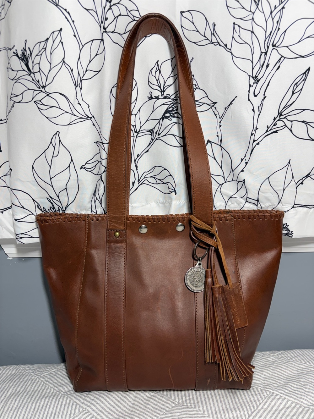 Cleo + Wolf Brown Leather Tote Bag with Tassel Detail
